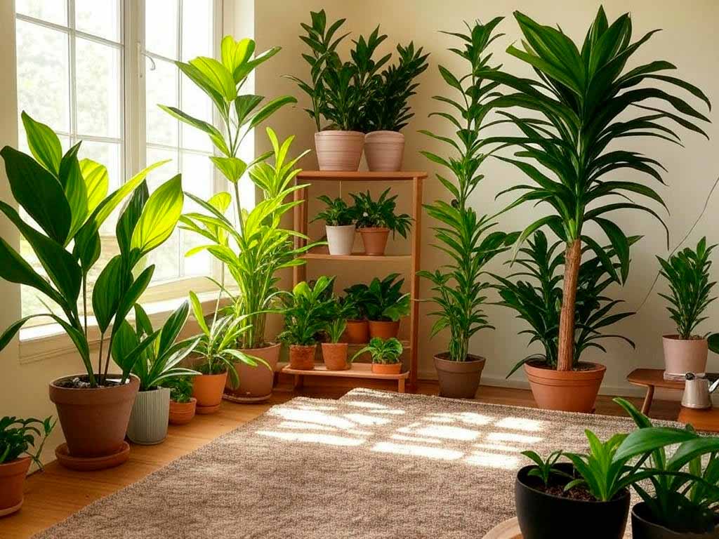 Svetla soba sa velikim prozorom u kojoj se nalaze samo biljke. Neke biljke su na podu, a neke na polici u ćošku sobe.